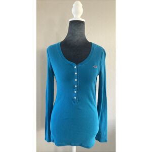 Vintage Y2K Hollister Top Blue Long Sleeve Shirt Ribbed Buttons Henley Large